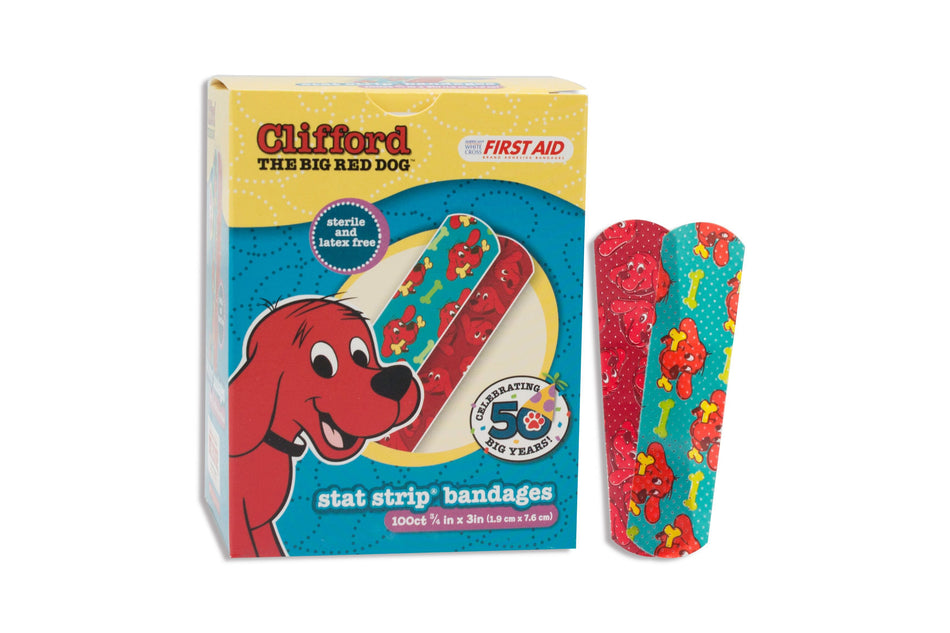 American� White Cross Stat Strip� Clifford the Big Red Dog Adhesive Strip, � x 3 Inch-Adhesive Strip American� White Cross Stat Strip� 3/4 X 3 Inch Plastic Rectangle Kid Design (Clifford the Big Red Dog) Sterile