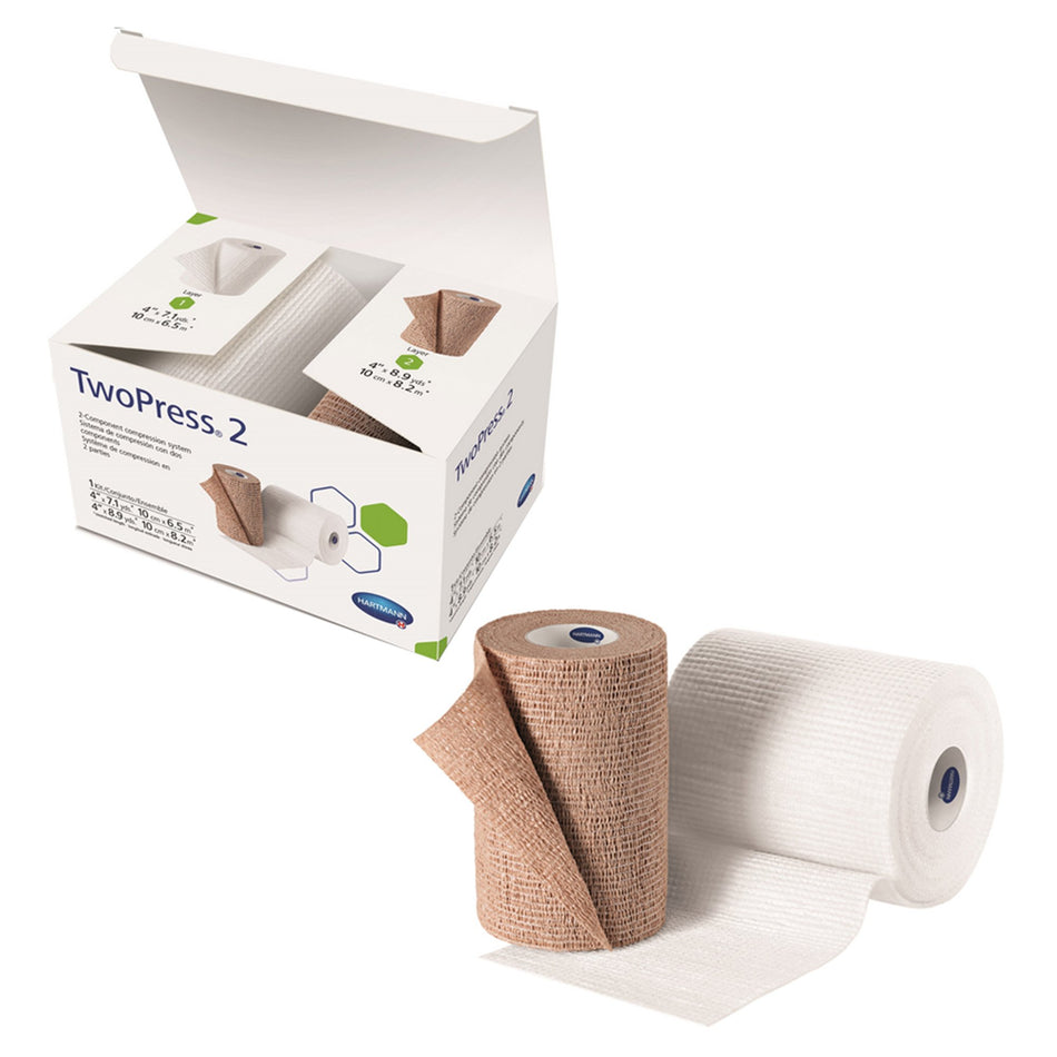 TwoPress� 2 Self-adherent Closure Two-Layer Compression Bandage System, 4 Inch x 7 Yard / 4 Inch x 8-9/10 Yard-2 Layer Compression Bandage System TwoPress� 2 4 Inch X 7 Yard / 4 Inch X 8-9/10 Yard Self-Adherent Closure Tan / White NonSterile 40 mmHg