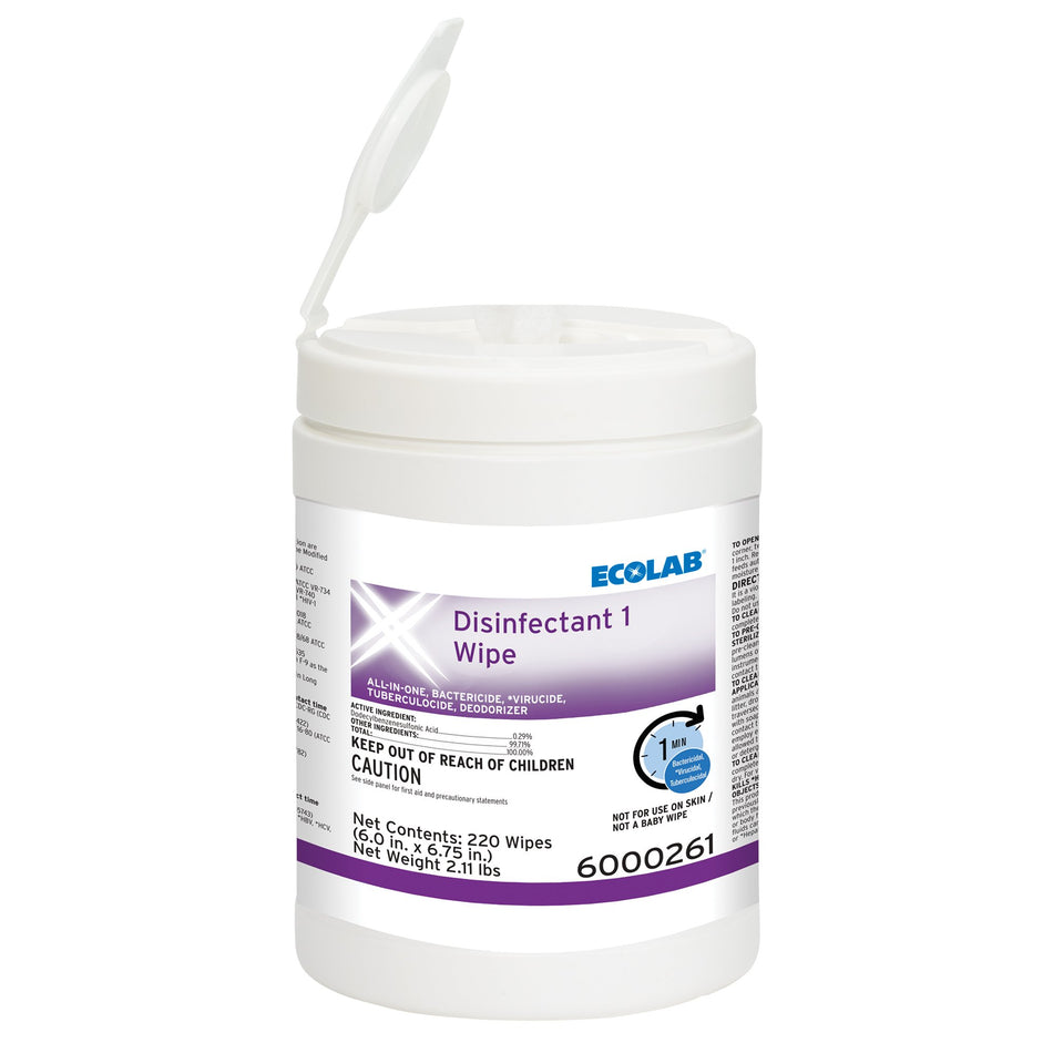 Ecolab Disinfectant 1 Surface Disinfectant Cleaner, 220 Wipes-Ecolab� Disinfectant 1 Surface Disinfectant Cleaner Bactericidal Manual Pull Wipe 220 Count Canister Sweet Scent NonSterile