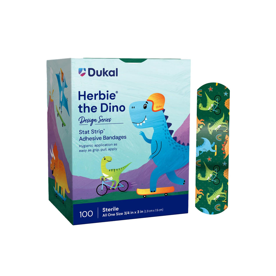 American� White Cross Stat Strip� Kid Design (Herbie the Dinosaur) Adhesive Strip, � x 3 Inch-Adhesive Strip Designer Series with Stat Strip� Technology 3/4 X 3 Inch Plastic Rectangle Kid Design (Herbie the Dinosaur) Sterile