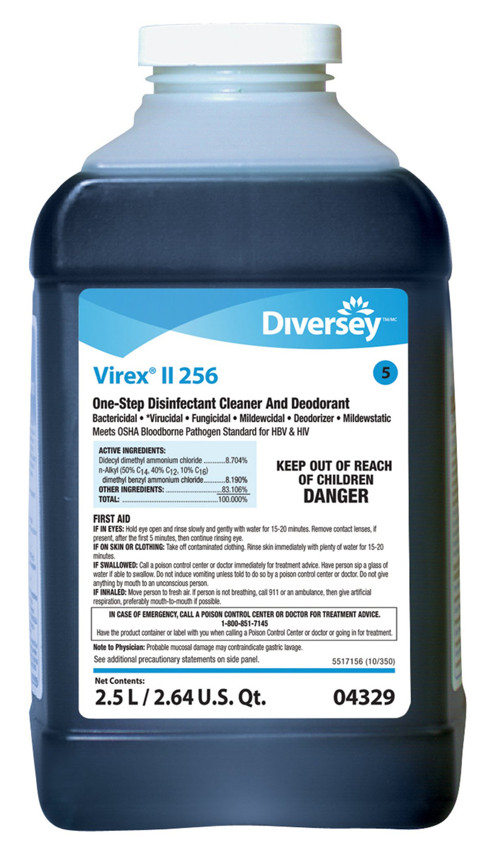 Diversey� Virex� II 256 Surface Disinfectant Concentrate, 2.5 liter-Diversey� Virex� II 256 Surface Disinfectant Cleaner Quaternary Based J-Fill� Dispensing Systems Liquid Concentrate 2.5 Liter Bottle Mint Scent NonSterile