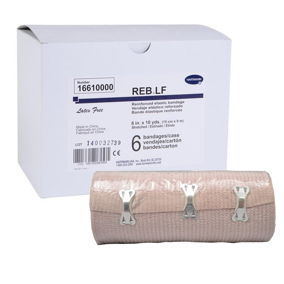 REB� LF Clip Detached Closure Elastic Bandage, 6 Inch x 10 Yard-Elastic Bandage REB� 6 Inch X 10 Yard Double Length Clip Detached Closure Tan NonSterile Standard Compression