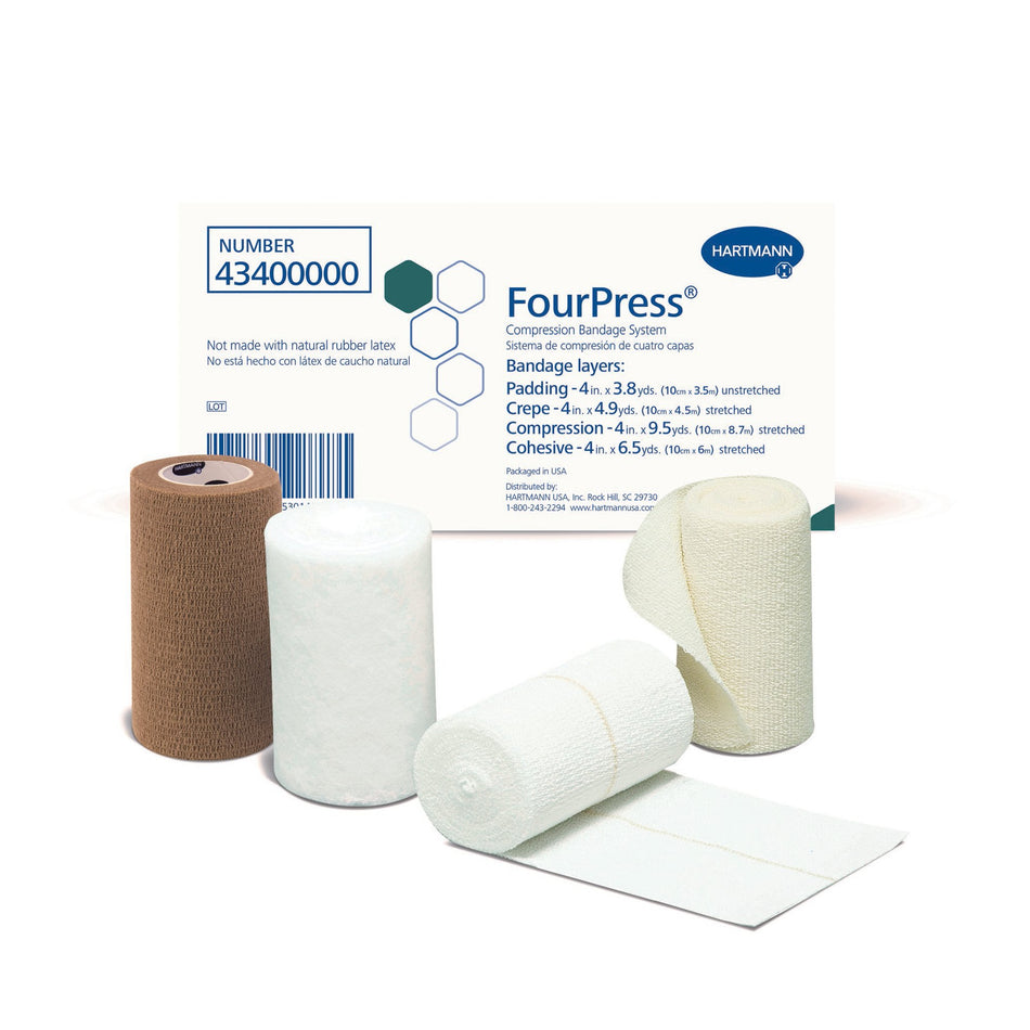 FourPress� Four-Layer Compression Bandage System-4 Layer Compression Bandage System FourPress� Multiple Sizes Self-adherent / Tape Closure Tan / White NonSterile 30 to 40 mmHg