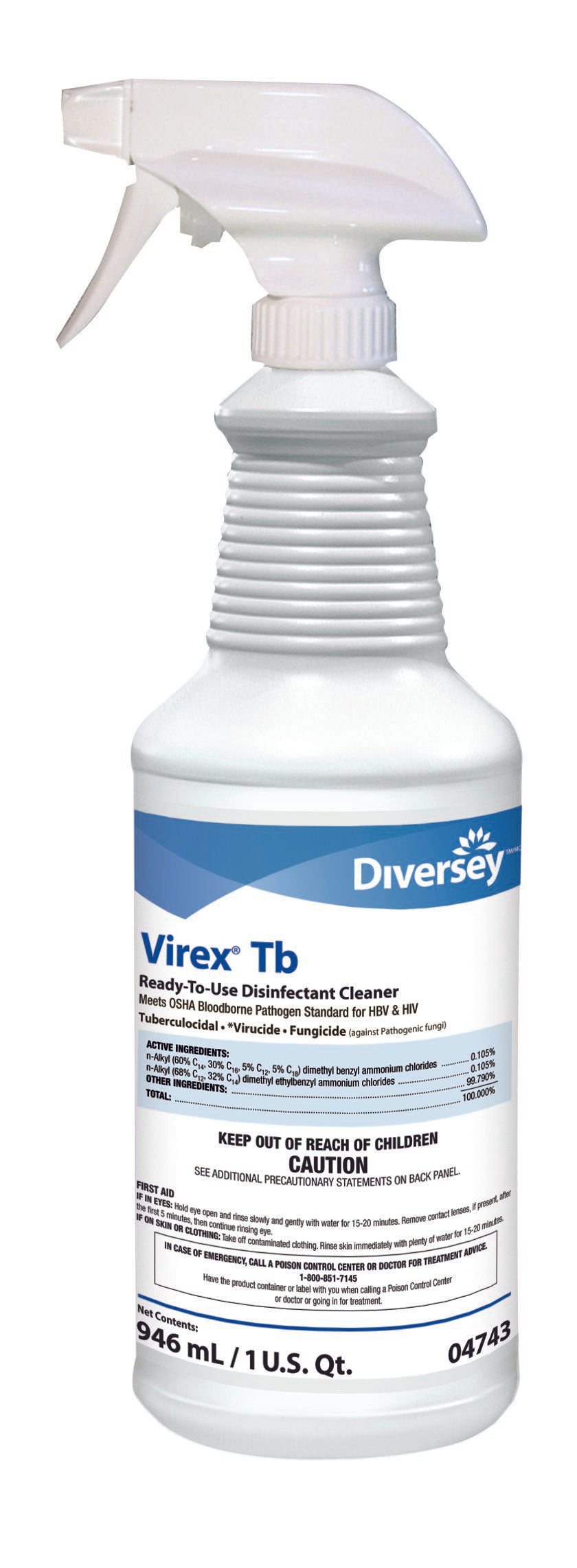 Virex� Tb Surface Disinfectant Cleaner, 32oz-Diversey� Virex� Tb Surface Disinfectant Cleaner Quaternary Based Pump Spray Liquid 32 oz. Bottle Lemon Scent NonSterile