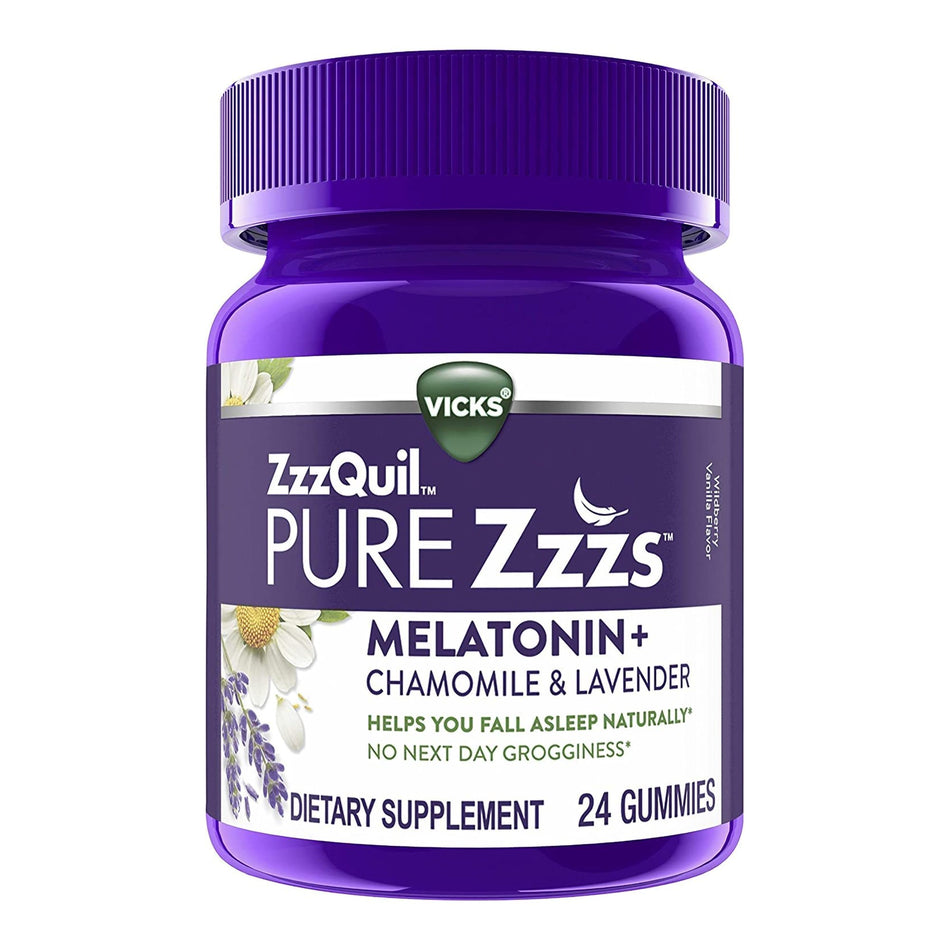 ZzzQuil Pure Zzzs Melatonin + Chamomile & Lavender Gummies, Wildberry Vanilla Flavor-Sleep Aid ZzzQuil PURE Zzzs� 24 per Bottle Gummy