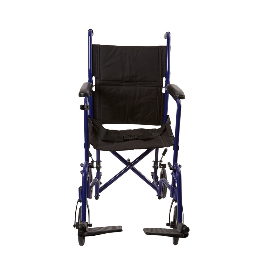 McKesson Lightweight Transport Chair, Black with Blue Finish-Transport Chair McKesson 19 Inch Seat Width Full Length Arm Swing-Away Footrest Aluminum Frame with Blue Finish