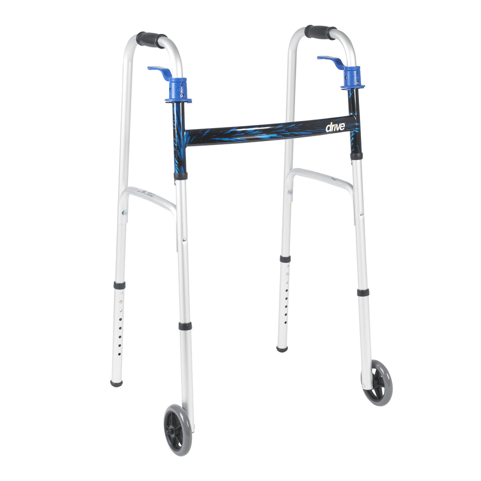 drive� Aluminum Dual Release Folding Walker, 32 � 39 Inch Height-Dual Trigger Release Folding Walker with Wheels Adjustable Height drive� Aluminum Frame 350 lbs. Weight Capacity 32 to 39 Inch Height