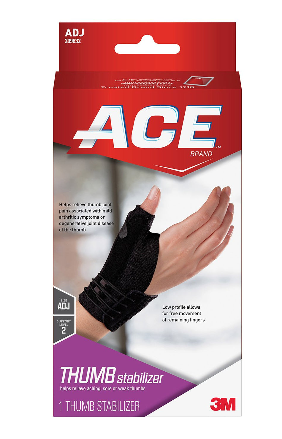 3M� Ace� Thumb Stabilizer, Breathable, Adjustable, Black-Thumb Stabilizer Ace� Brand Deluxe Adult One Size Fits Most Lacing System Closure Right Hand Black