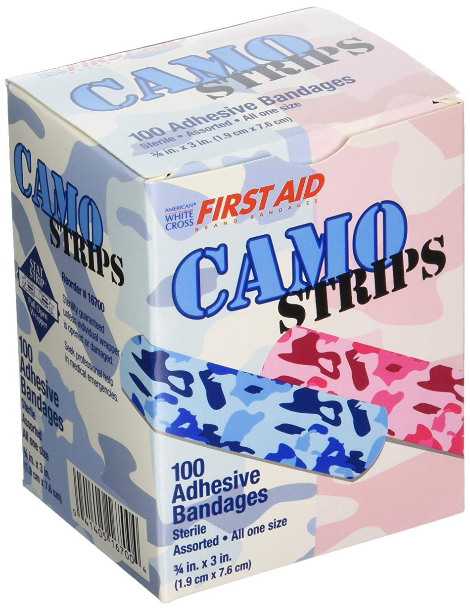 American� White Cross Stat Strip� Kid Design (Blue / Pink Camo) Adhesive Strip, 3/4 x 3 Inch-Adhesive Strip American� White Cross Stat Strip� 3/4 X 3 Inch Plastic Rectangle Kid Design (Blue / Pink Camo) Sterile