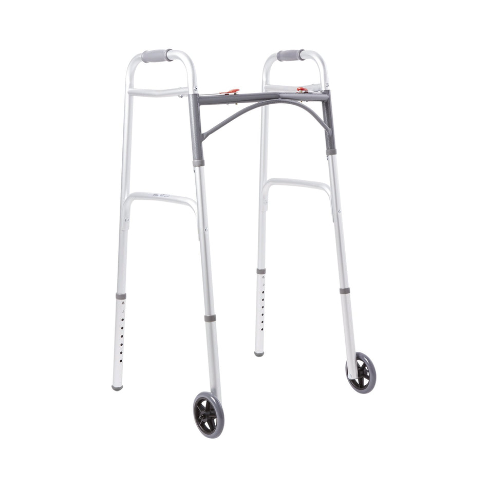 McKesson Folding Aluminum Walker-Dual Release Folding Walker with Wheels Adjustable Height McKesson Aluminum Frame 350 lbs. Weight Capacity 32 to 39 Inch Height