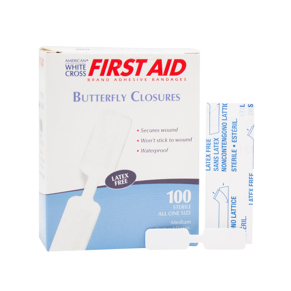 First Aid Brand Skin Closure Strip-Skin Closure Strip First Aid Brand 3/8 X 1-13/16 Inch Nonwoven Material Butterfly Closure White