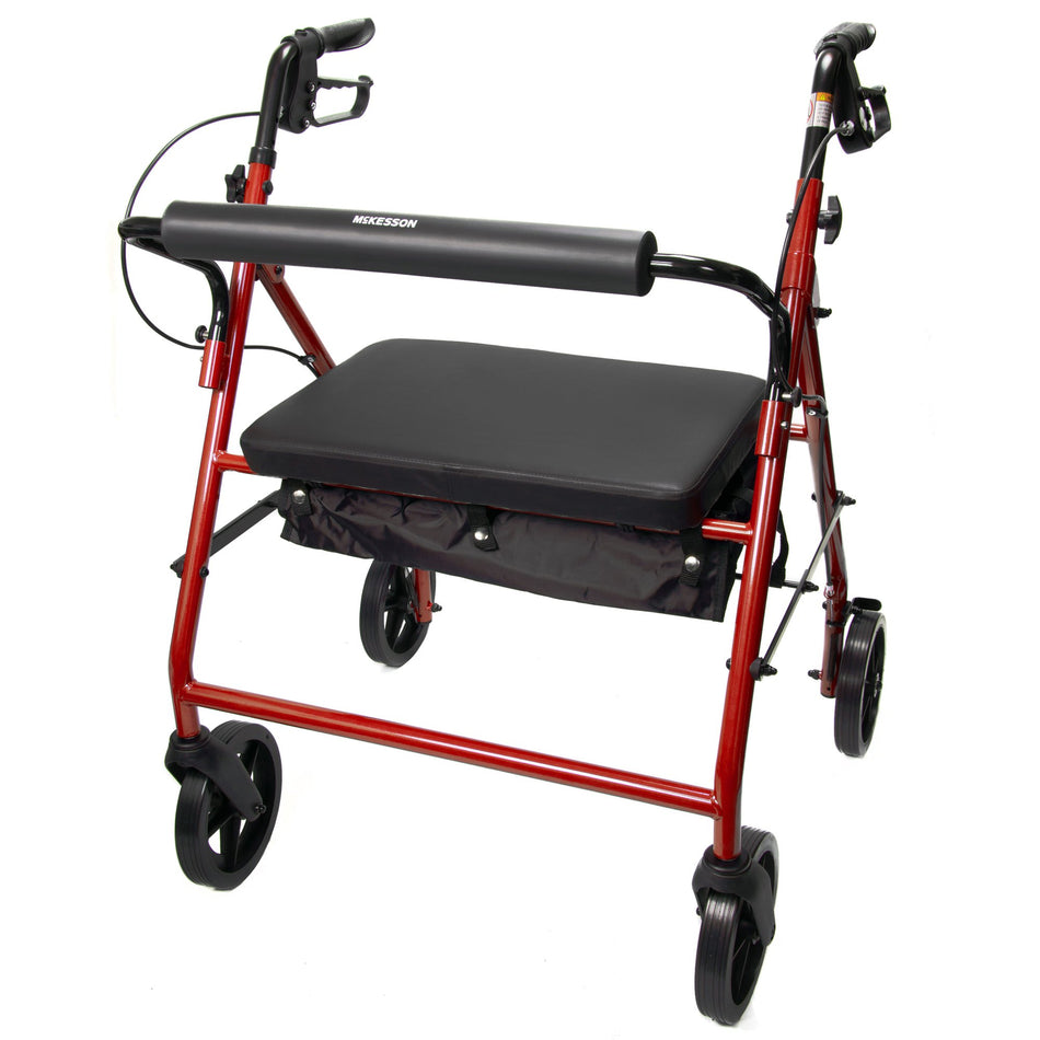 McKesson Bariatric Red Folding Steel Four-Wheel Rollator-Bariatric 4 Wheel Rollator McKesson Red Adjustable Height / Heavy Duty / Folding Steel Frame