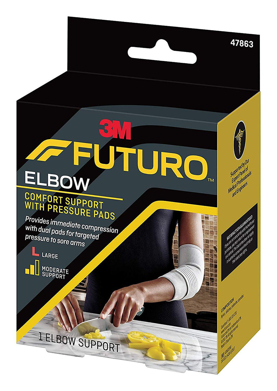 3M Futuro Comfort Elbow Support, Pressure Pads, Breathable, Elastic, Large-Elbow Support with Pressure Pads 3M� Futuro� Large Pull-On / Hook and Loop Strap Closure Sleeve Left or Right Elbow 11 to 12 Inch Elbow Circumference Gray