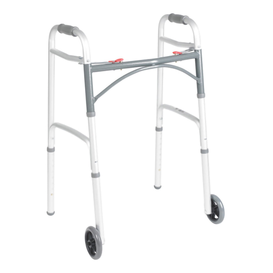 McKesson Junior Aluminum Folding Walker, 25 � 32� Inch Height-Dual Release Folding Walker with Wheels Adjustable Height McKesson Aluminum Frame 350 lbs. Weight Capacity 25 to 32-1/4 Inch Height