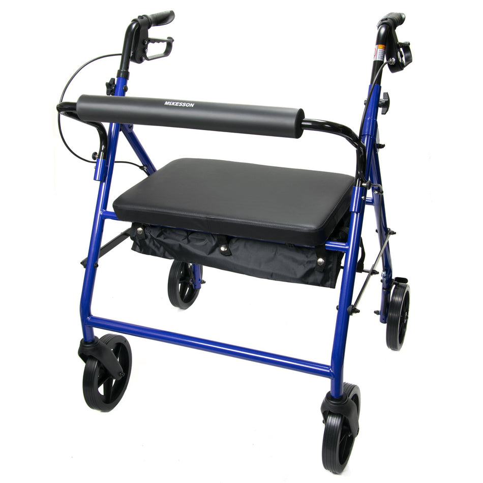 McKesson Bariatric Folding Four-Wheel Rollator, Blue-Bariatric 4 Wheel Rollator McKesson Blue Adjustable Height / Heavy Duty / Folding Steel Frame