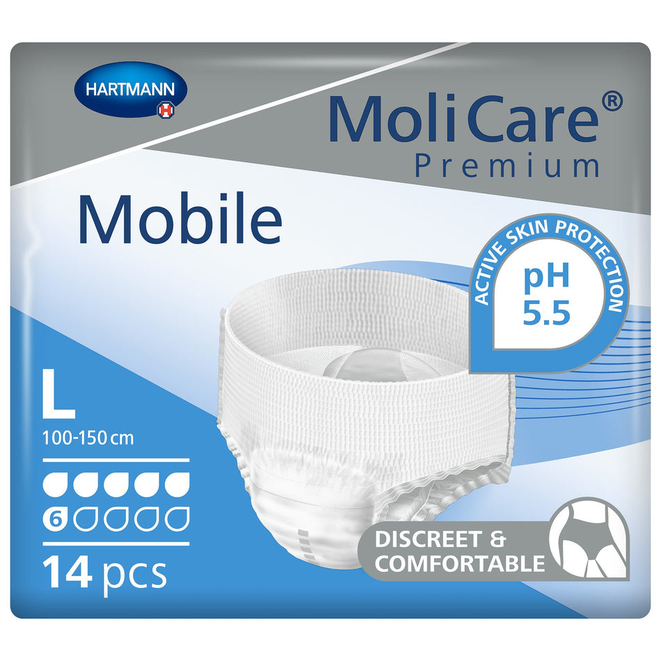 MoliCare� Premium Mobile 6 Drop Absorbency Incontinence Underwear, Large-Unisex Adult Absorbent Underwear MoliCare� Premium Mobile 6D Pull On with Tear Away Seams Large Disposable Moderate Absorbency