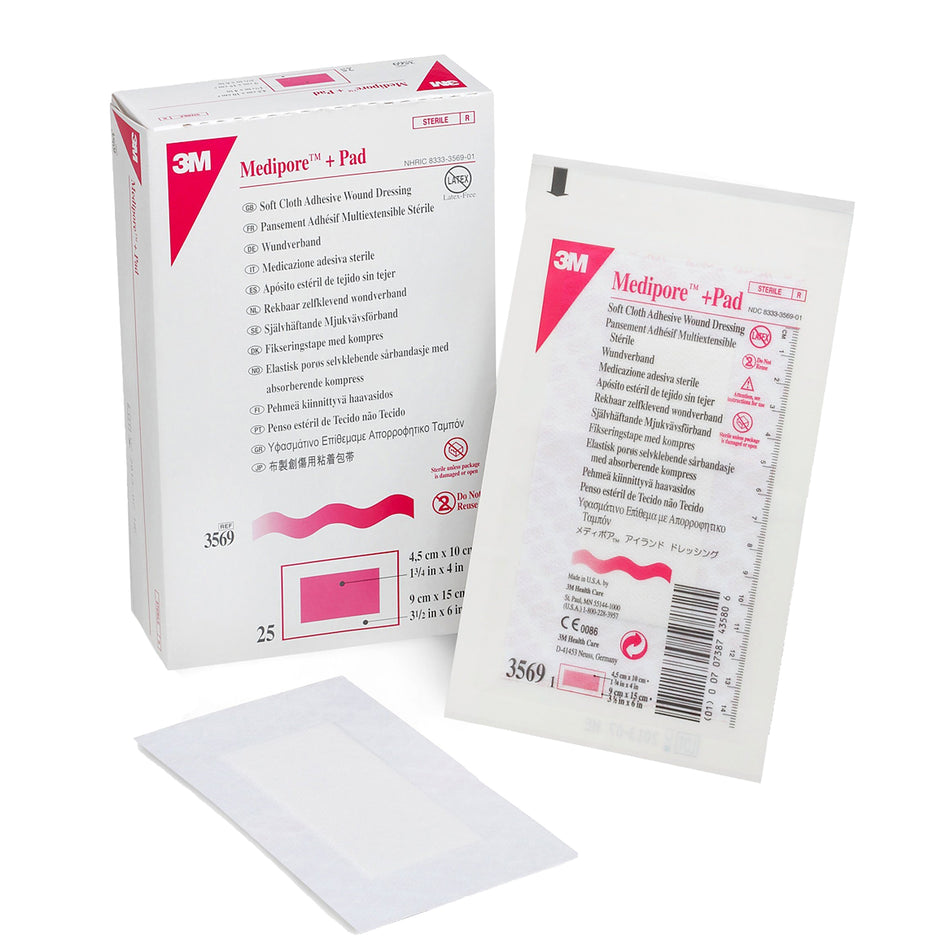 3M� Medipore� Adhesive Dressing, Soft Cloth, Sterile, White-Composite Dressing 3M� Medipore� 3-1/2 X 6 Inch Rectangle Sterile Nonwoven Backing