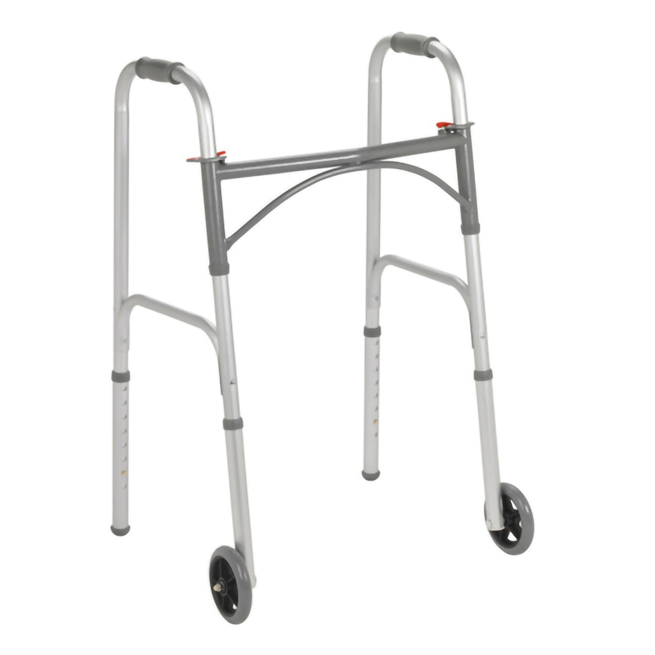 McKesson Steel Walker, 32 � 39 Inch Height-Dual Release Folding Walker with Wheels Adjustable Height McKesson Steel Frame 350 lbs. Weight Capacity 32 to 39 Inch Height