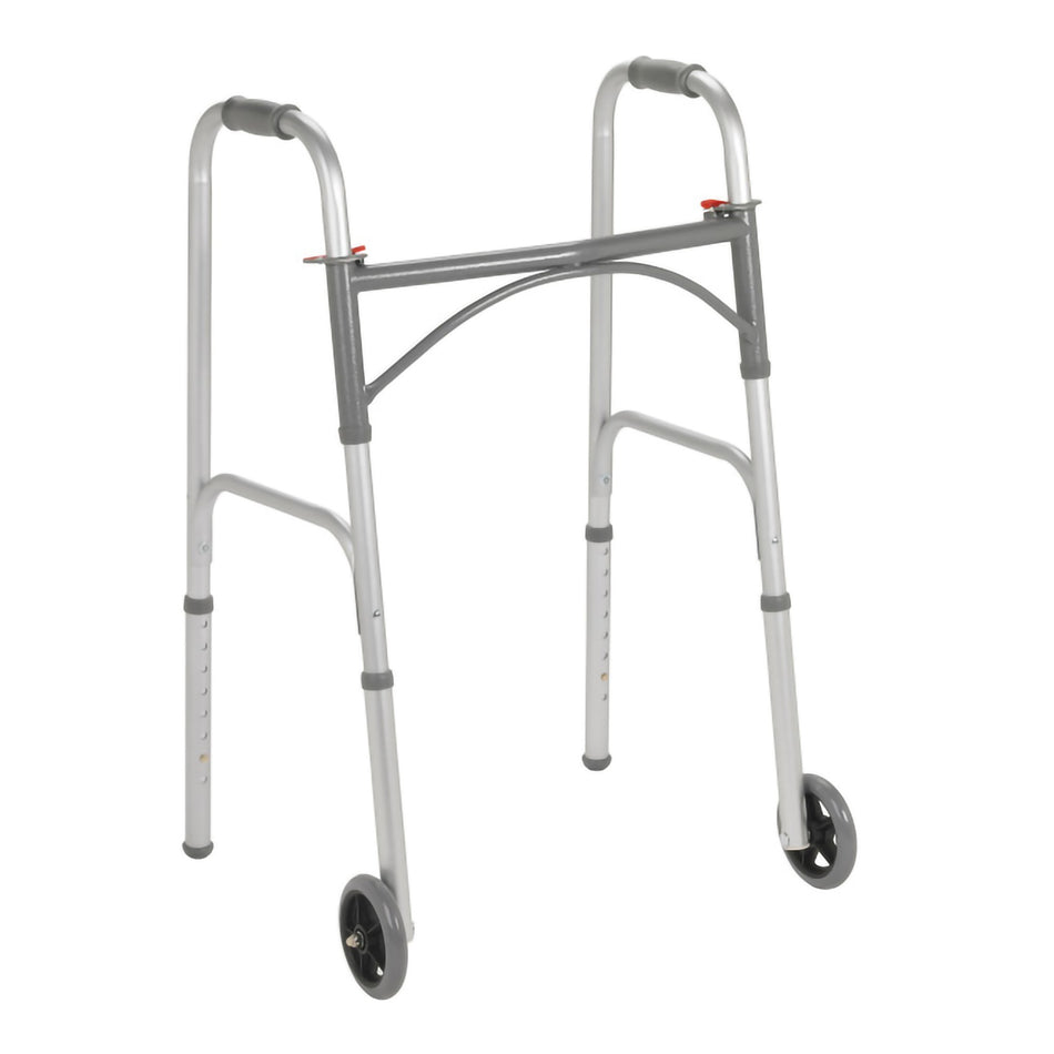 McKesson Walker, 32 � 39 Inch Height-Dual Release Folding Walker with Wheels Adjustable Height McKesson Steel Frame 350 lbs. Weight Capacity 32 to 39 Inch Height