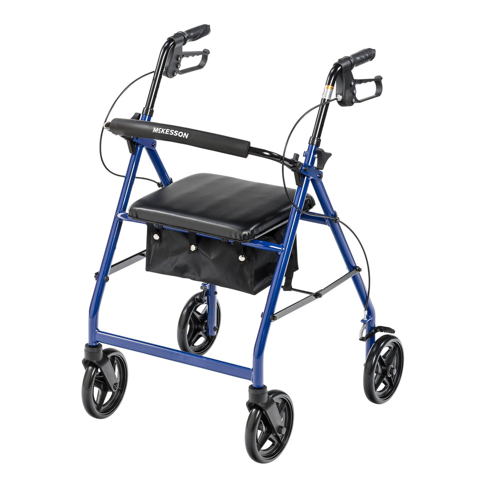 McKesson Blue Four-Wheel Rollator, 33 to 38 Inch Handle Height-4 Wheel Rollator McKesson Blue Adjustable Height Aluminum Frame