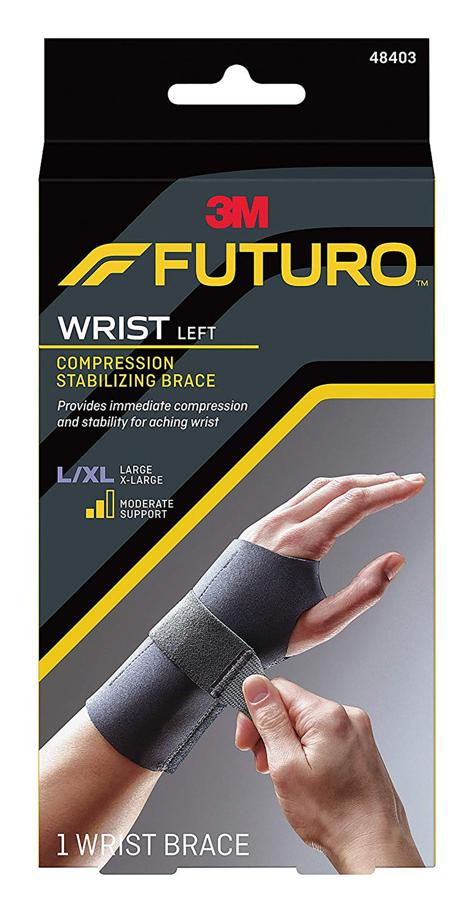 3M FUTURO Wrist Brace, Compression Stabilizing, Low Profile, Black, Left-Hand, Large/X-Large, Strap Closure, 6.75 X 8.5 Inch