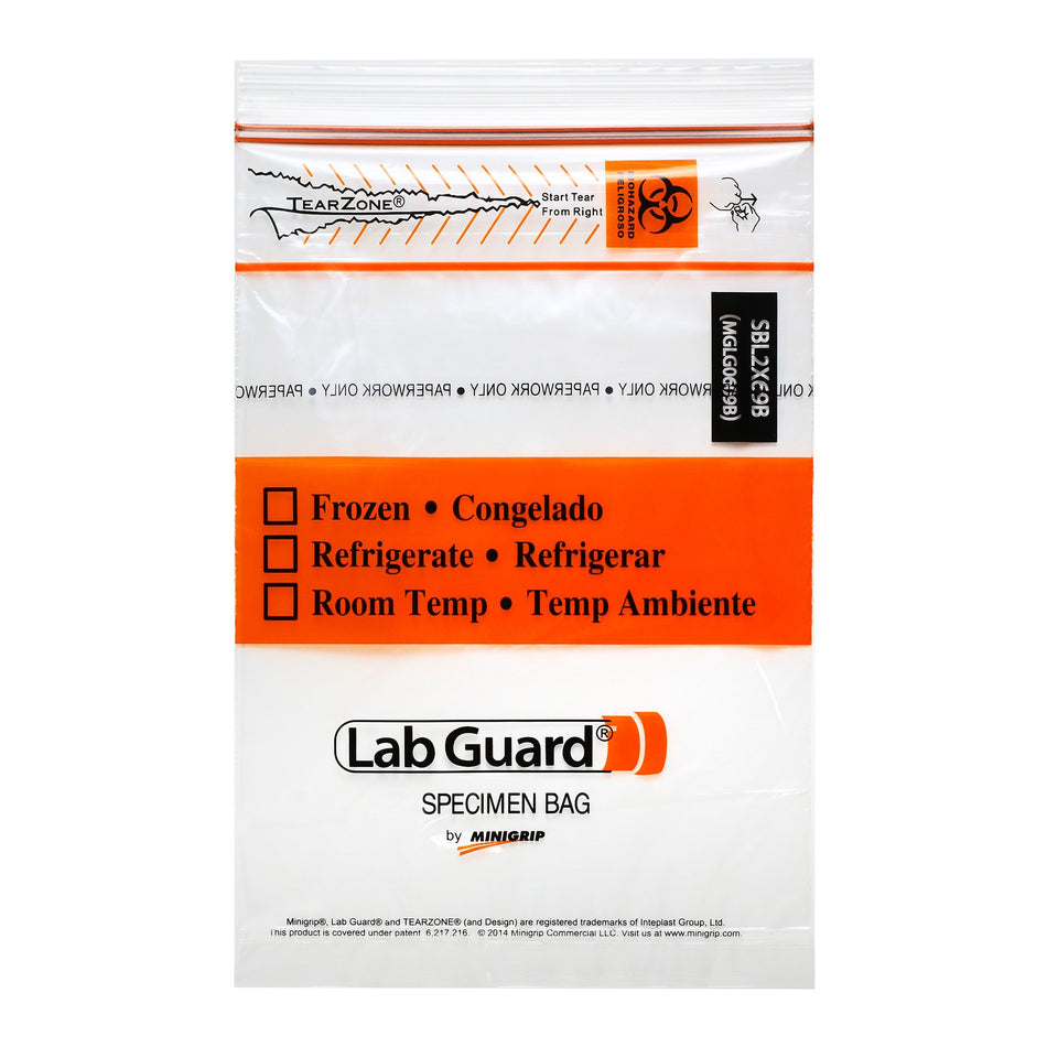 Specimen Transport Bag with Document Pouch Lab Guard® TearZone® 6 X 9 Inch Zip Closure Biohazard Symbol / Storage Instructions NonSterile