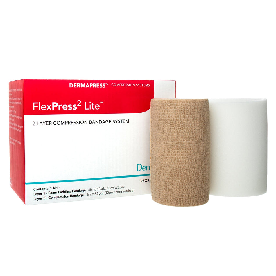 2 Layer Compression Bandage System FlexPress2 Lite™ 4 Inch X 3-4/5 Yard / 4 Inch X 5-1/2 Yard Self-Adherent Closure Tan / White NonSterile Standard Compression